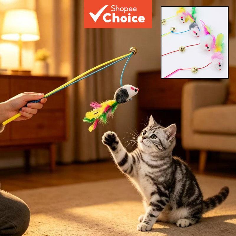 Teaser de gato interativo com pena e rato, vara de pesca com sino, brinquedo para gatos brincarem e se exercitarem