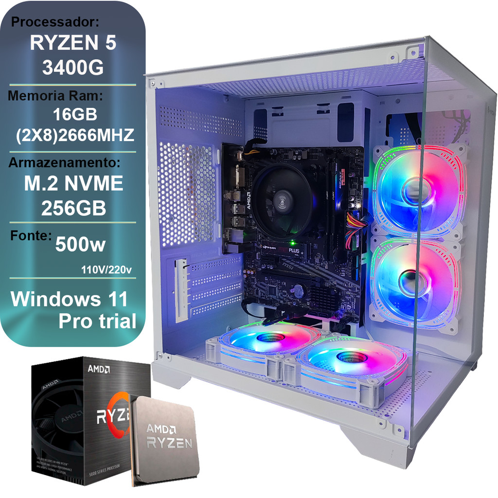 PC GAMER RYZEN 5 3400G, 16GB DDR4, SSD M.2 NVME 256GB, AQUARIO BRANCO