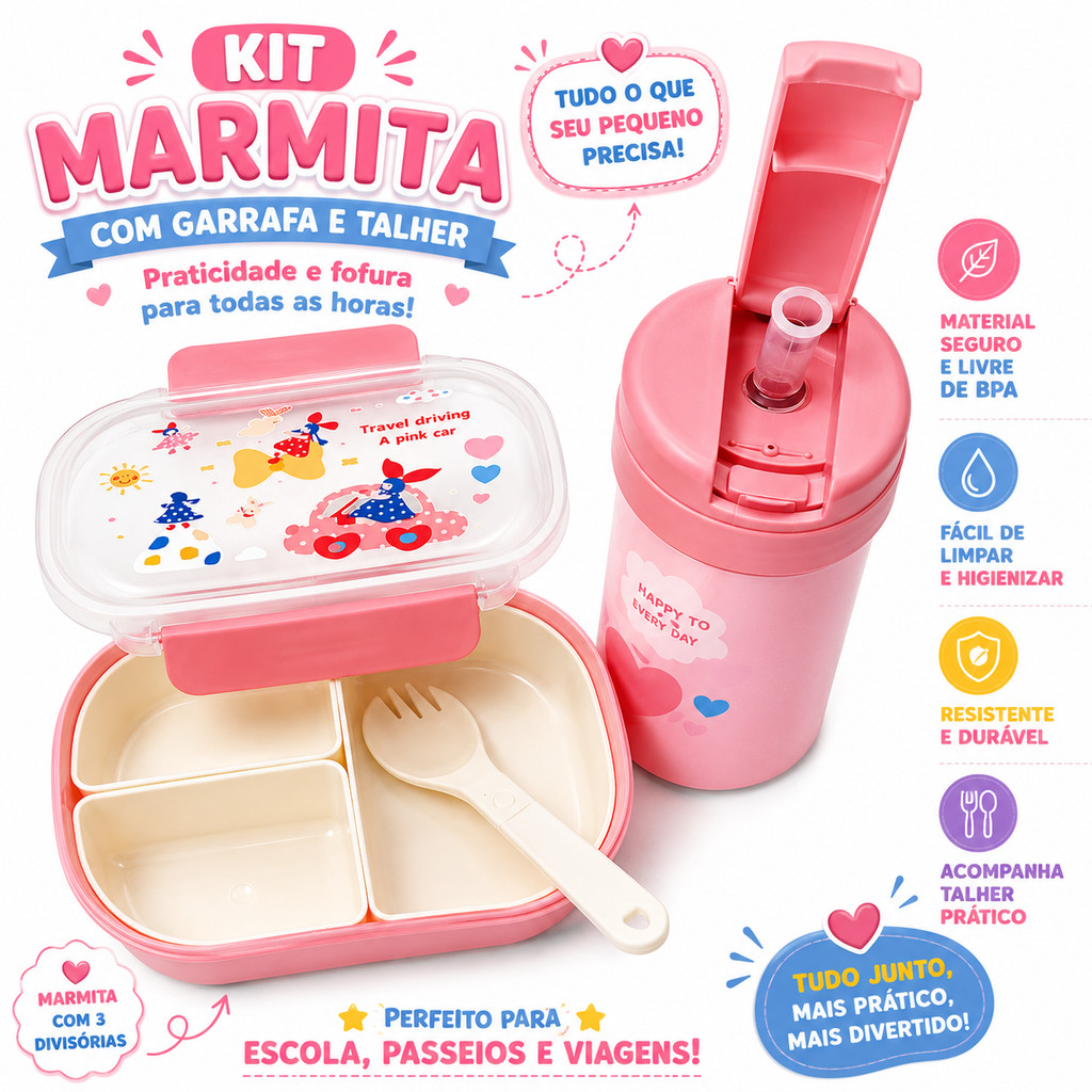 Kit Marmita Infantil com Copo 250ml Canudo e Cordinha Talher e 3 Divisórias Removíveis Escolar Fácil