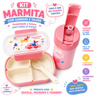 Kit Marmita Infantil com Copo 250ml Canudo e Cordinha Talher e 3 Divisórias Removíveis Escolar Fácil