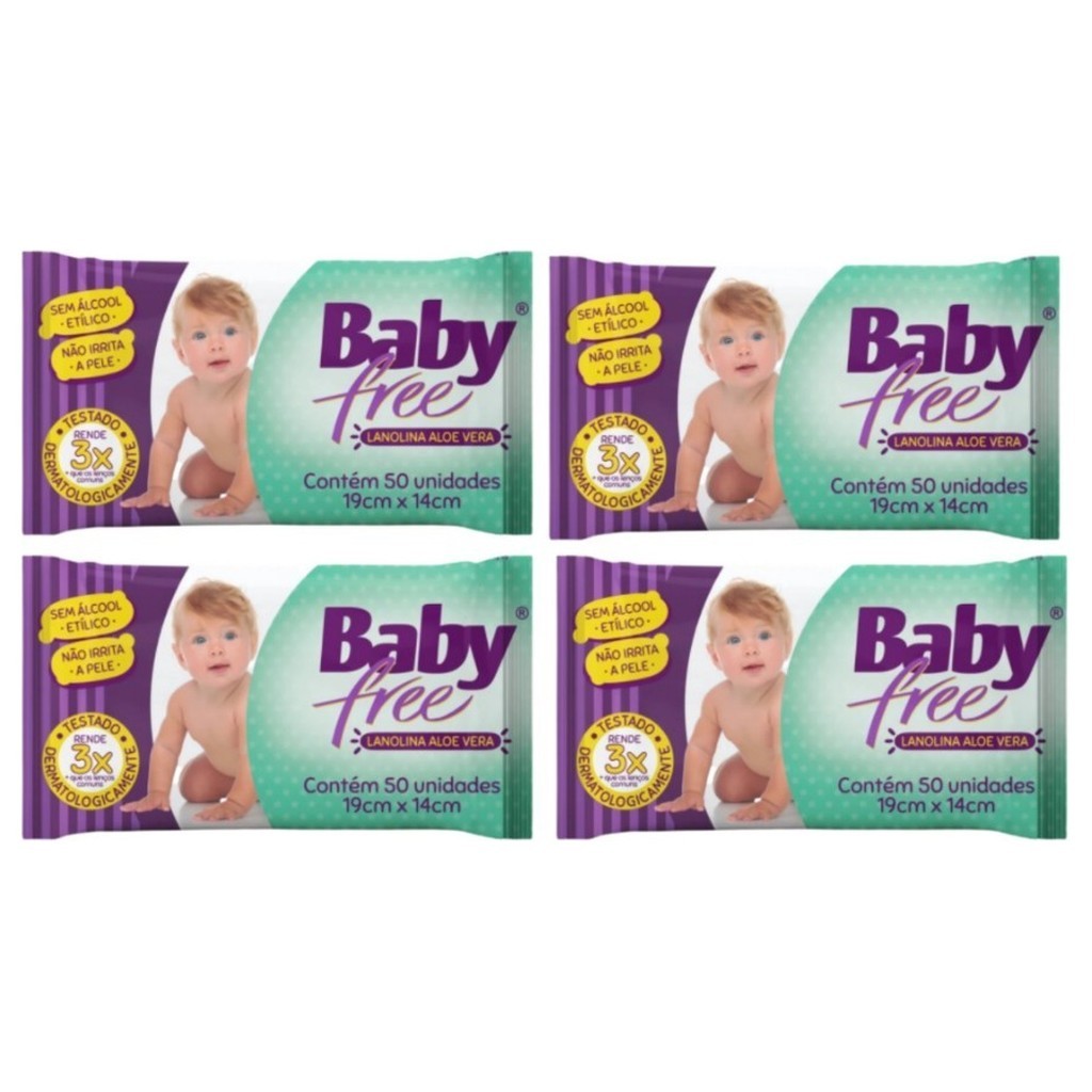 Kit com 4 Lenços Umedecidos Baby Free Toalha Umedecida Qualybless 4 Pacotes com 50 unidades