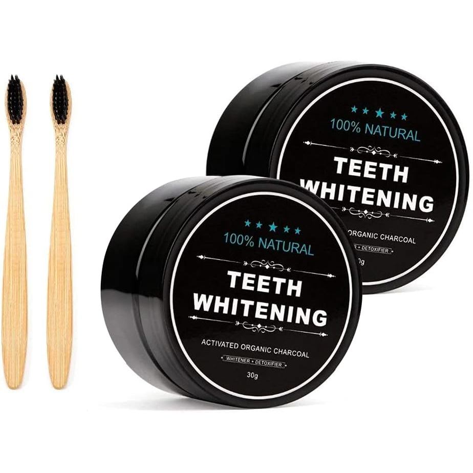 Conjunto de 2 Pó de Carvão Ativado para Clareamento Dental + Escova de Bambu para Cuidados Orais, Pó Clareador Dental de