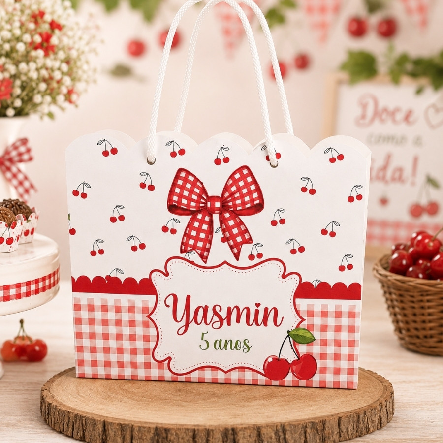 Kit Sacolinhas Personalizadas Cerejinha Laço Xadrez Lembracinhas de Festa