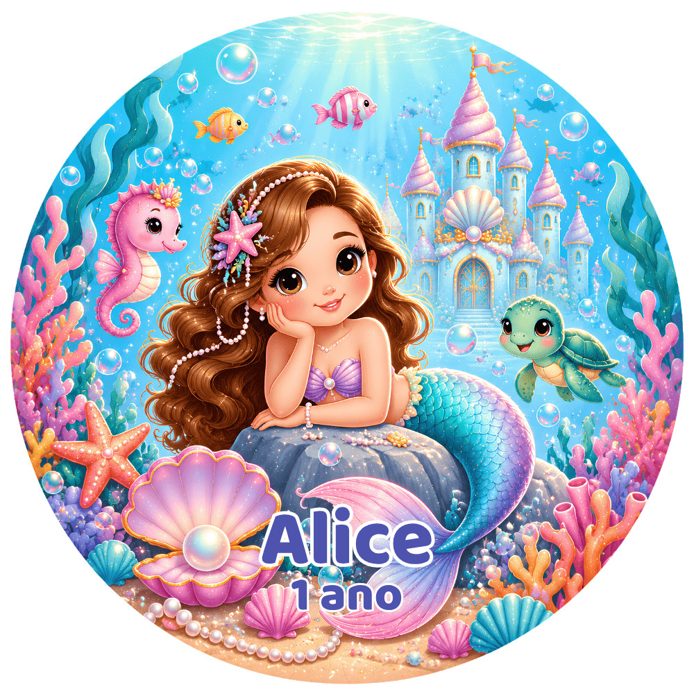 Kit 30, 50 ou 100 unidades Adesivos Circulares 5cm Sereia Encantada Lembrancinha de Festa Latinha Aniversário