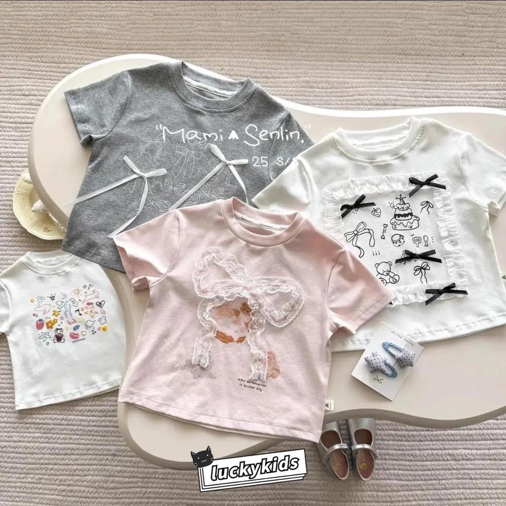 100 % Algodão Moda Crianças Meninas Dos Desenhos Animados Impressão bowknot Rendas Manga Curta Camiseta Verão Bebê Macio