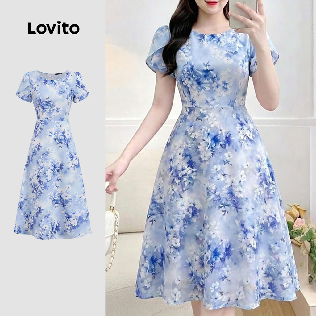 Lovito Vestido Elegante com Estampa Floral Pequena Ideal para a Primavera e O Verão Na Cor Azul L195ED173