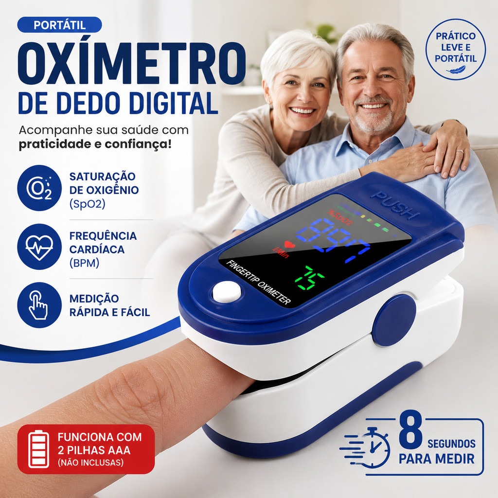 Oxímetro de Pulso Digital | Saturação de Oxigênio + Frequência Cardíaca | Medidor Rápido e Portátil