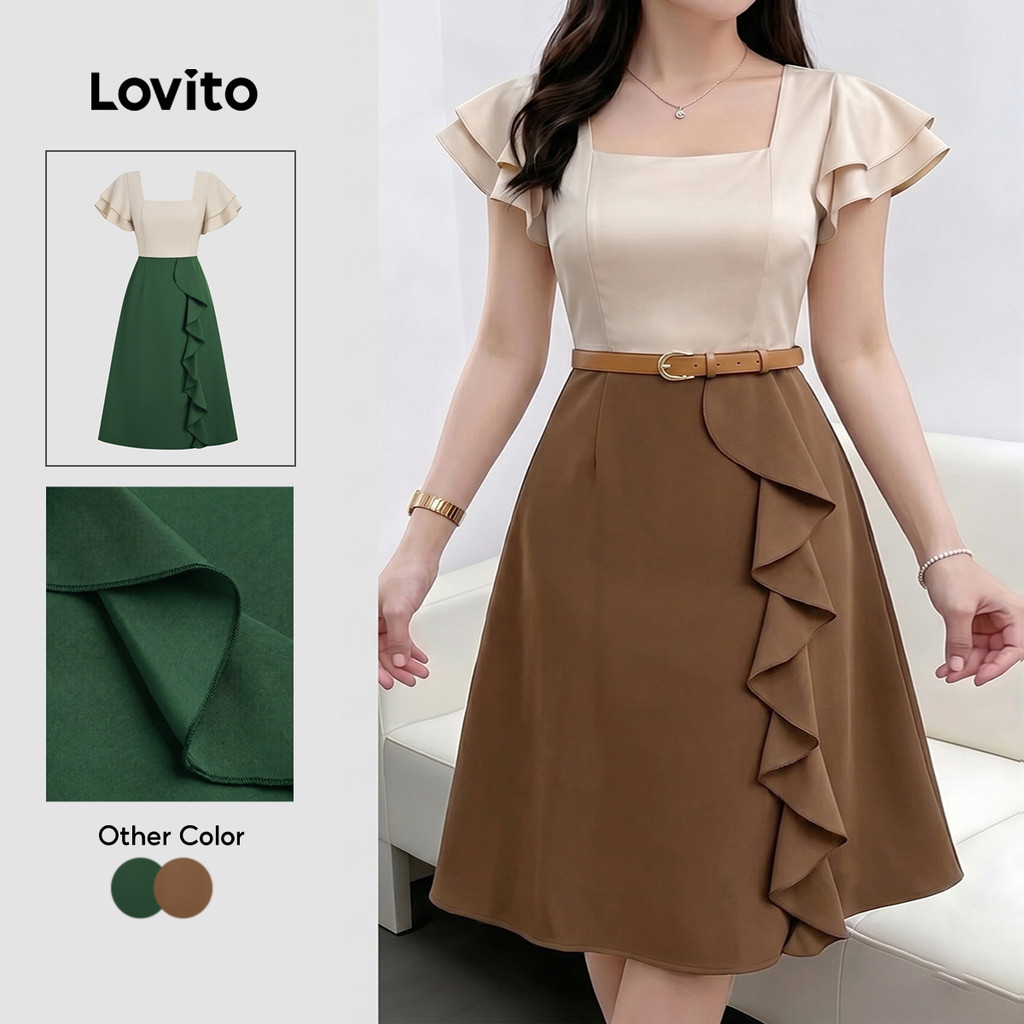 Lovito Vestido Elegante com Babado Zíper Falso 2 em 1 para Primavera/verão femin