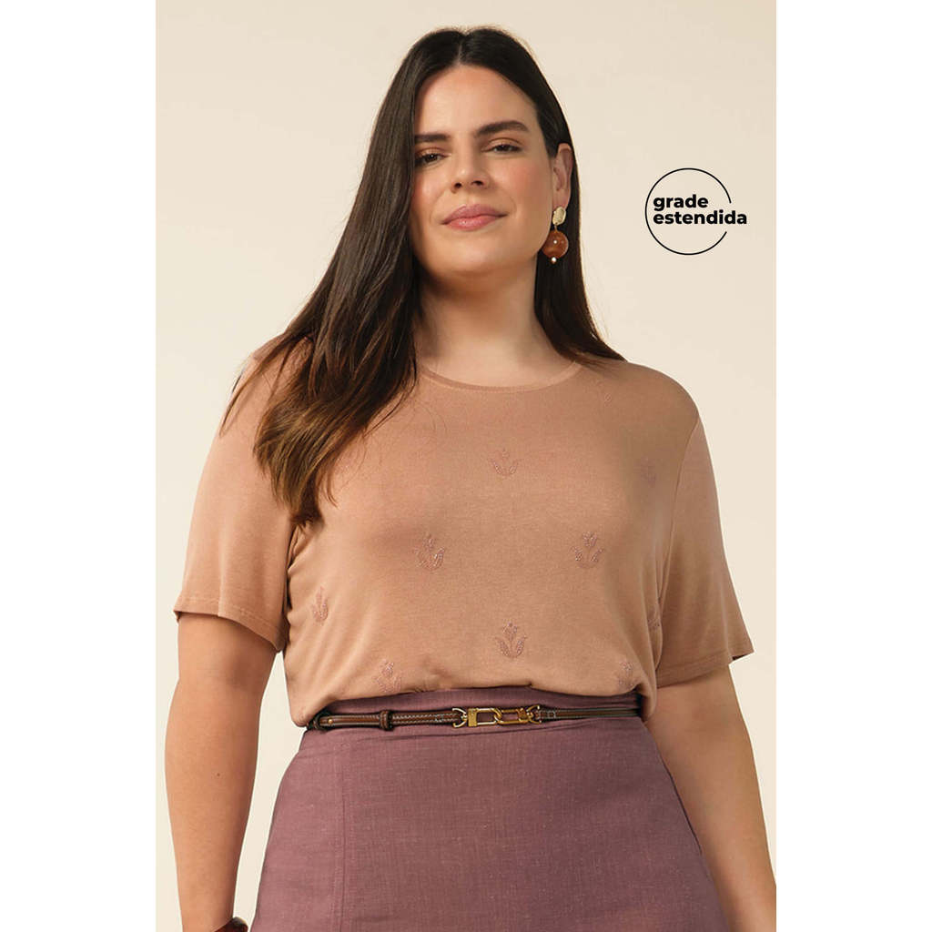 Blusa Feminina Floral Com Glitter Marialícia Marrom
