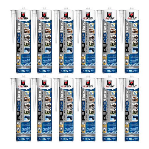 Kit 12 Adesivo de Construção PU 40 Profissional Cinza 400g/280ml Unipro - Selante Híbrido Multiuso