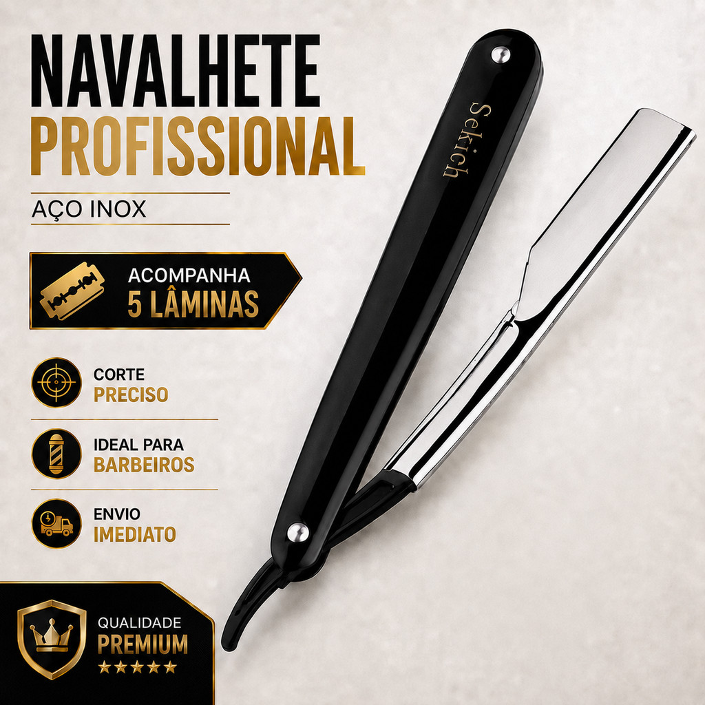 Kit Navalha Navalhete Profissional Barbeiro + Lâminas Aço Inox Acabamento Barba Sobrancelha - Exclusivo