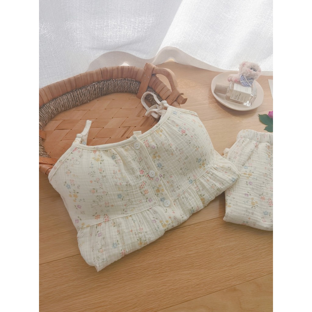 Floral coelho pijamas feminino verão puro algodão gaze Suspender Shorts bonito dos desenhos animados sutiã-livre Loungew