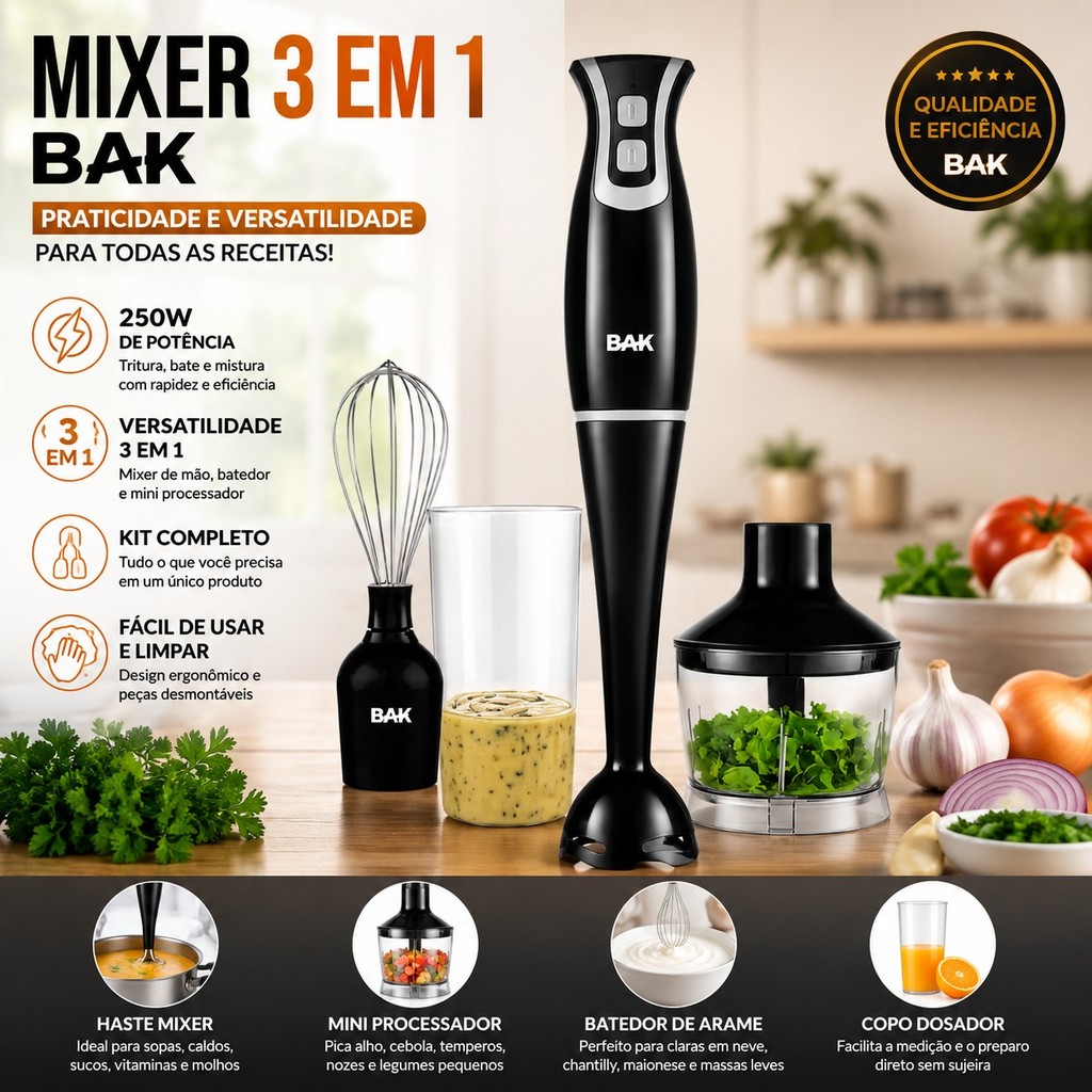 Mixer Elétrico 3 em 1 Processador e Batedor de Claras 127V 250W Mixer de Mão Multiuso BK-MIX3FN110