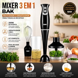 Mixer Elétrico 3 em 1 Processador e Batedor de Claras 127V 250W Mixer de Mão Multiuso BK-MIX3FN110