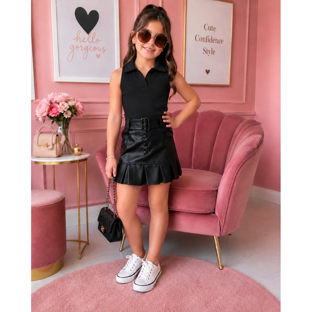 Conjunto 2 Peças Infantil Menina Saia Plissada e Blusa com Brilho Verão Passeio