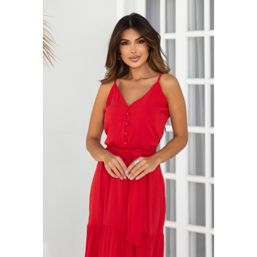 Vestido Midi Alcinha Soltinho Evasê Babado Acinturado Casual Verão Elegante Passeio