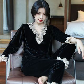 Pijamas femininos primavera outono estilo manga comprida outono inverno ouro veludo versão coreana pode usar fora de cas
