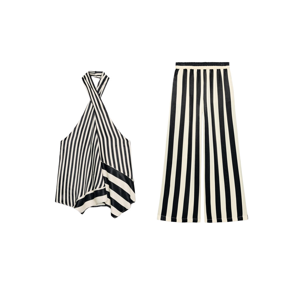 Top listrado com gola halter7484110 Calças largas3293220 Conjunto de conjunto de conjunto