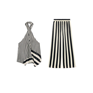 Top listrado com gola halter7484110 Calças largas3293220 Conjunto de conjunto de conjunto