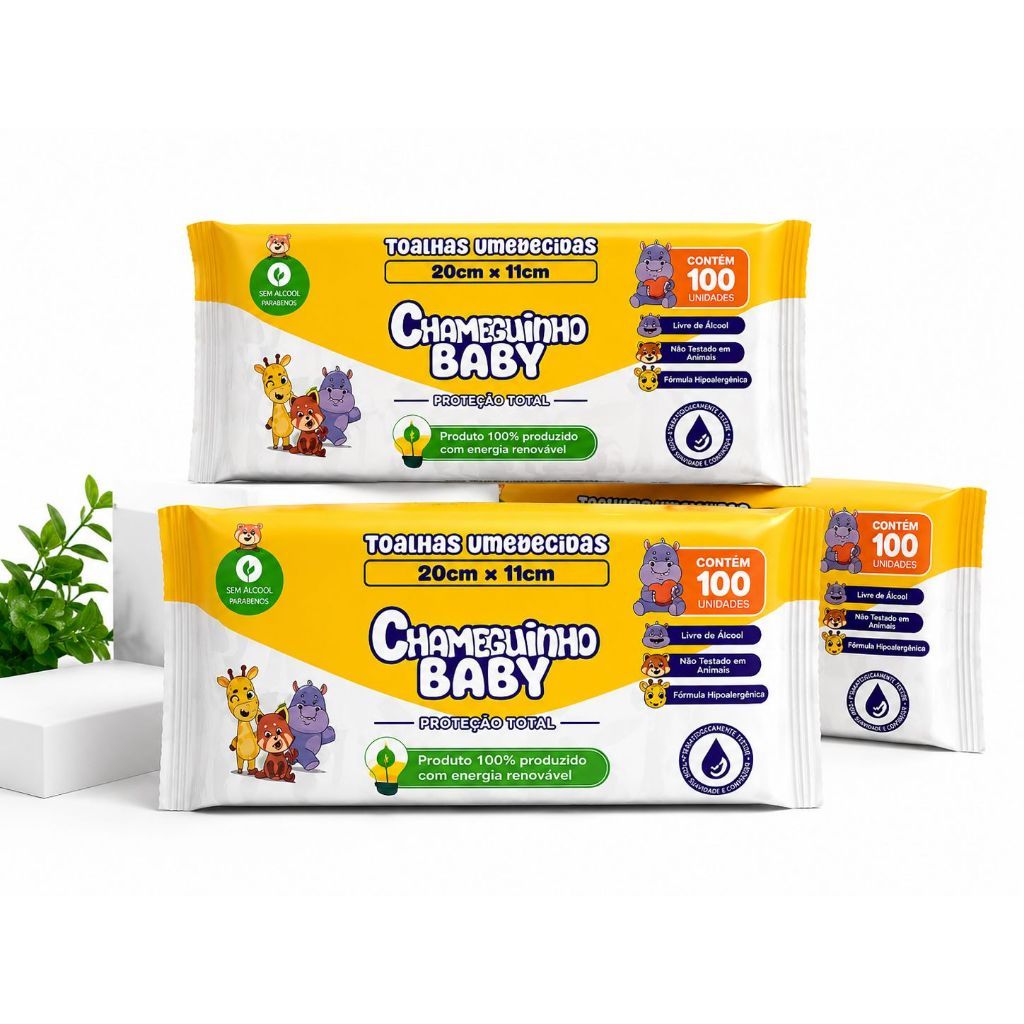 KIT PACOTES TOALHAS UMEDECIDAS/LENÇOS CHAMEGUINHO BABY C/100-(sem tampa flip-top)