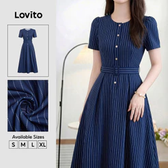 Lovito Vestido Feminino Casual Listrado Com Botões Longo E Evasê Primavera/Verão Trabalho Azul Escuro DRB38BR075