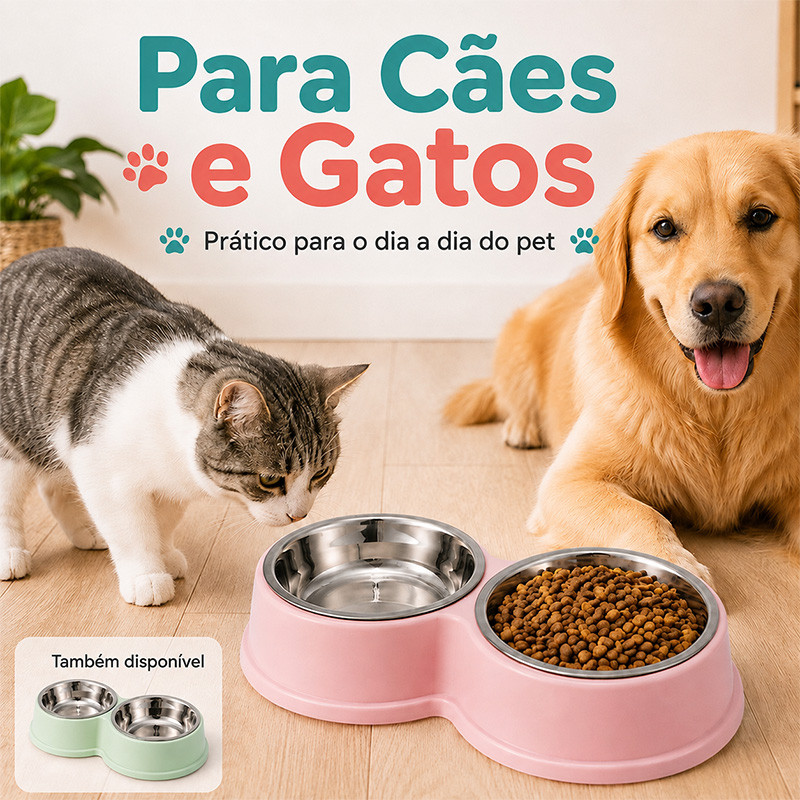 Comedouro Bebedouro Duplo Inox Para Cachorro Gato Bicho De Estimação