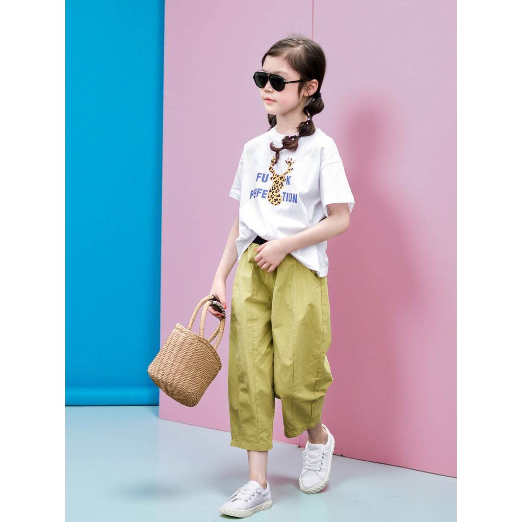 Meninas terno de manga curta verão grandes crianças estilo ocidental puro algodão coreano menina fina camiseta de duas p
