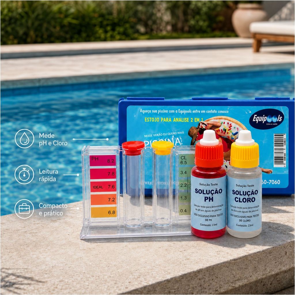 Kit Estojo Completo Teste De Ph e Cloro Piscina 2x1 Análise Medidor De Parâmetros Água Equipools
