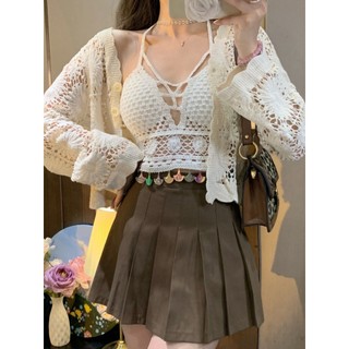 Estilo étnico malhas estilo fino crochê oco Cardigan manga longa curto com decote em V topo elegante estilingue exterior