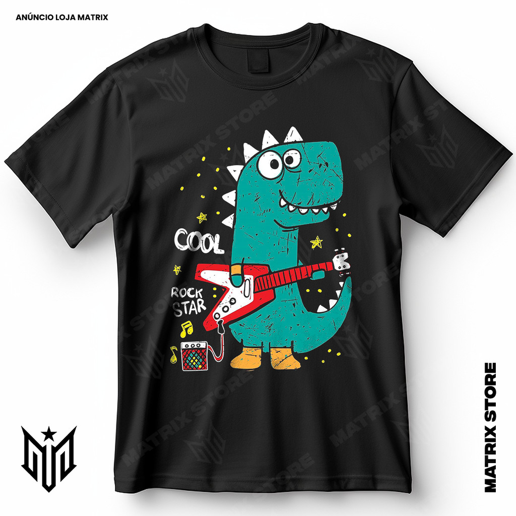 Camisa Dinossauro Guitarra Rock Infantil Criança Blusa Camiseta de Desenho 100% Algodão