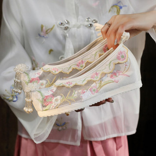 Novo estilo verão gaze Hanfu sapatos femininos antigo frisado flor bordado cabeça sapatos com saia rosto de cavalo estil