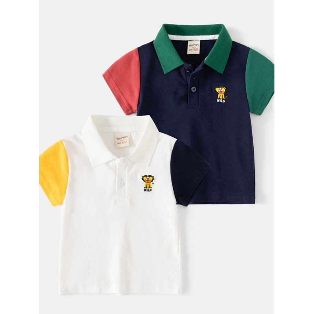 Cor contrastante crianças bonito dos desenhos animados bordado camiseta estilo Preppy POLO leão costura criança menino t