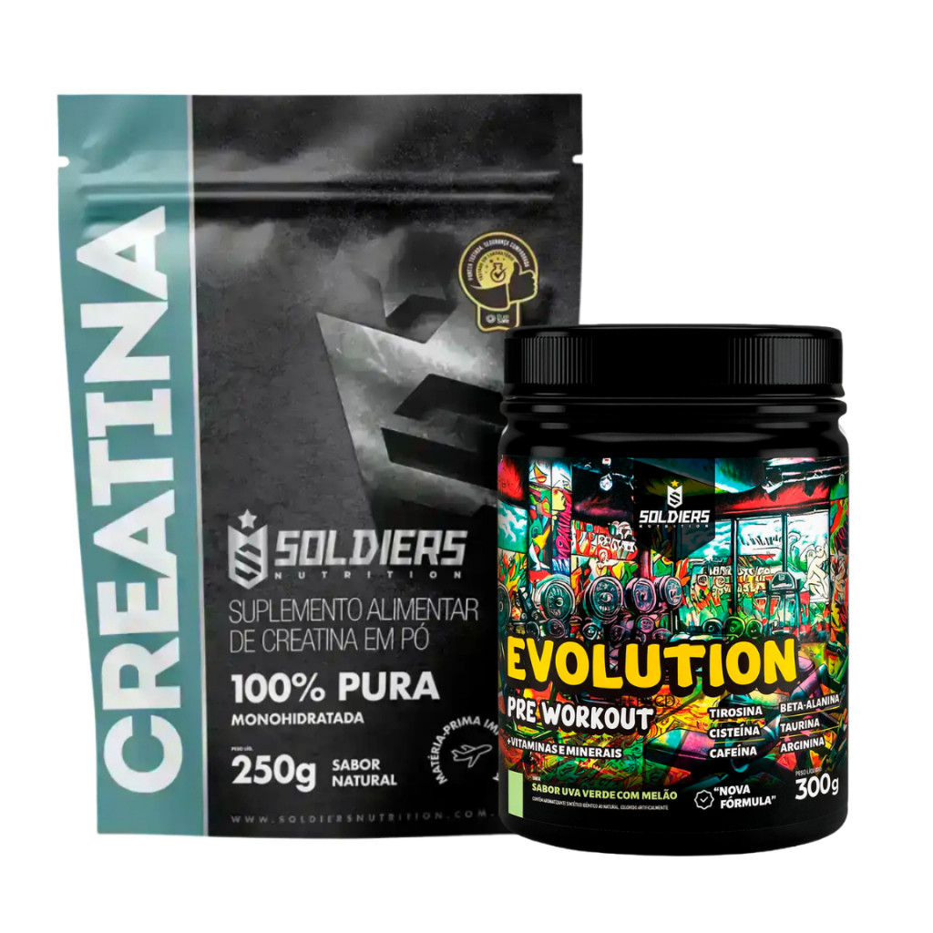 Kit Creatina Monohidratada + Pré Treino Evolution 300g  Aminoácidos Essenciais - Soldiers Nutrition