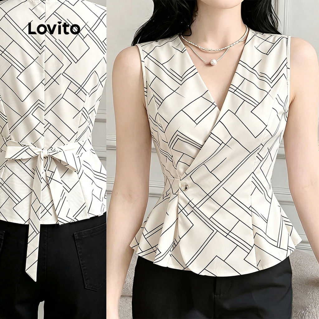 Lovito Top Feminino Elegante Com Pregas E Laço Na Cor Caqui Claro Para Primavera/Verão Social TKB198P1D638