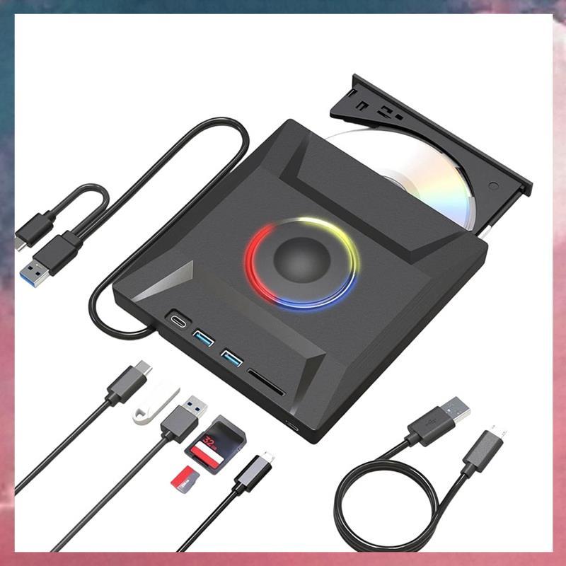 (Rbqx) Unidade Externa De CD DVD USB 3.0 Tipo-C Leitor De Disco Gravador Com Hub E Slots Para Cartão