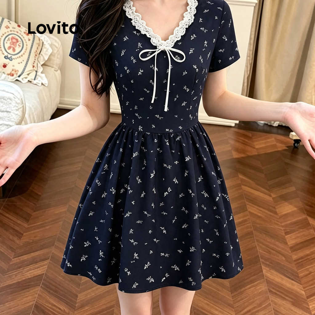 (New Arrival) Lovito Casual Vestido Curto Evase Azul Floral Miúdo Renda Primavera Verão Fim De Semana Para Mulheres Bordado DRB204P1D464 — imagem 2 de 2