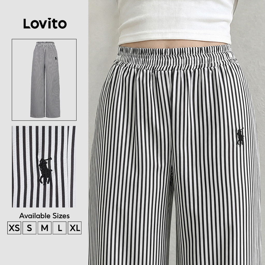 Lovito Calça Casual Colorida com Cordão Senso de Linhas Calça Preta e Branca para Mulheres PTK8P2D1084