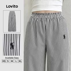 Lovito Calça Casual Colorida com Cordão Senso de Linhas Calça Preta e Branca para Mulheres PTK8P2D1084