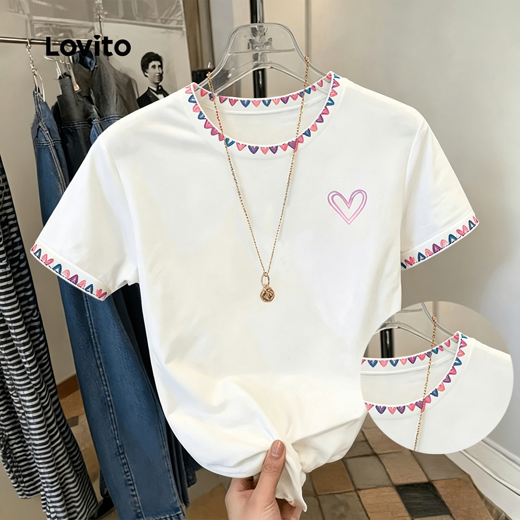 Lovito Camiseta Casual Feminina Branca com Padrão de Blocos de Cor para primavera/verão TSB199P2D728