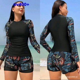 Maiô De Praia Feminino Com Proteção UV Rashguard Manga Comprida Surf 2 Peças