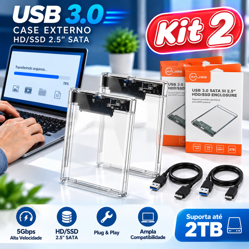 Case Gaveta HD Externo Transparente 2.5 Polegadas SATA USB 3.0 SSD 6Gbps Notebook PC