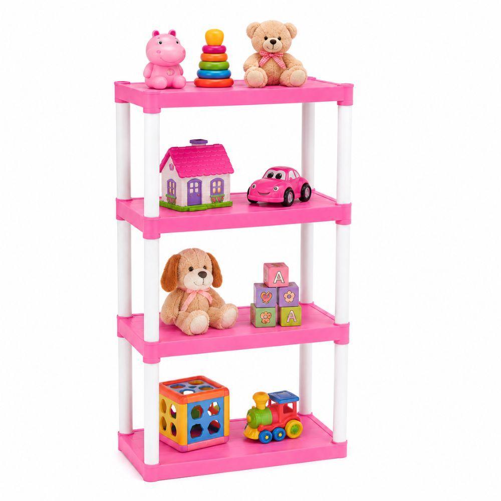 ESTANTE ORGANIZADOR BRINQUEDOS ROSA PRATELEIRA INFANTIL 4 ANDARES QUARTO BEBE MULTIUSO RESISTENTE CASA LAVANDERIA COZINH