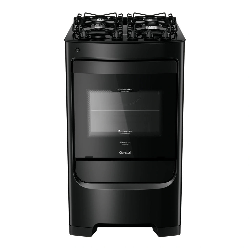 Fogão Consul 4 Bocas Preto com Mesa de Vidro e Grades Individuais Super Estáveis - CFO4VBE