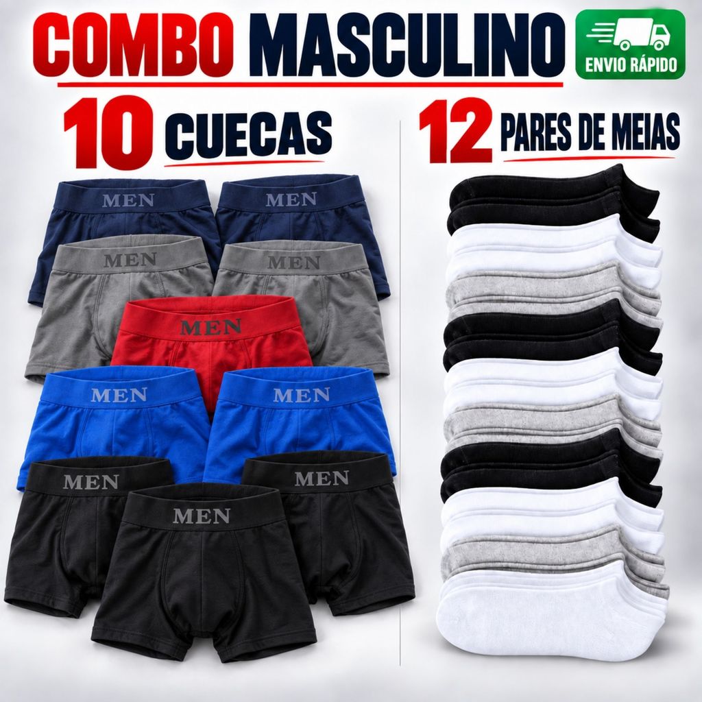 Kit Masculino 10 Cueca Boxer Microfibra e 12 Paress de Meia Soquete Cano Curto Confortável Adulto Cueca box
