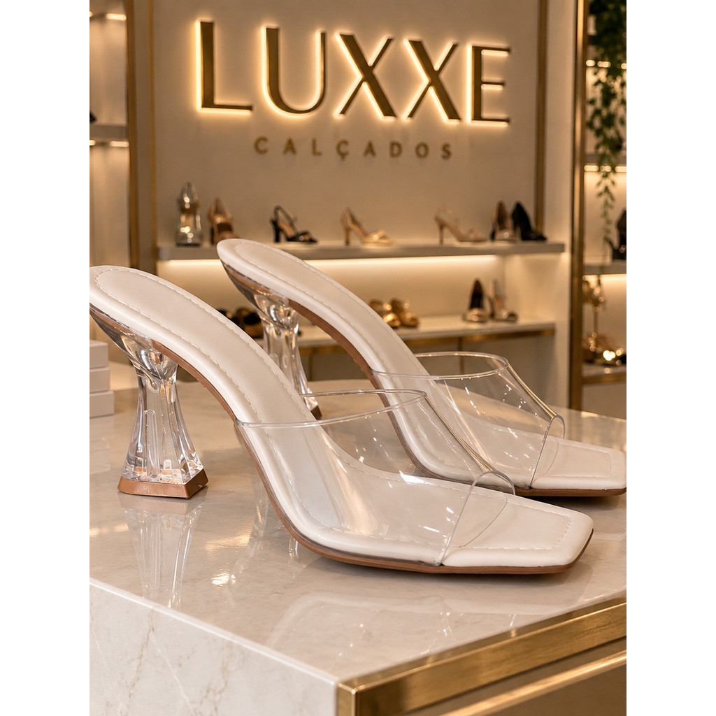 Tamanco Feminino Salto Taça Acrílico Transparente Bico Quadrado Tira Cristal – Luxxe