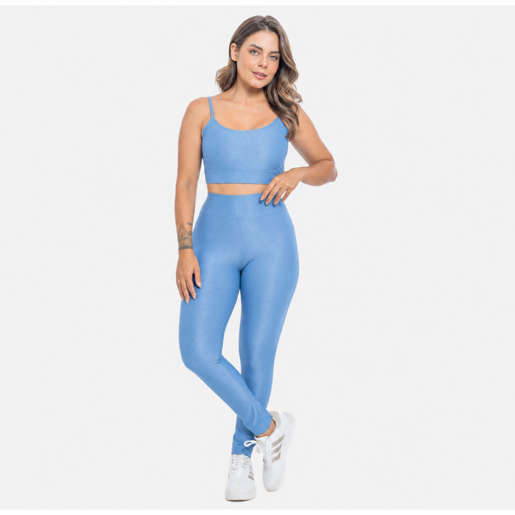 Conjunto Carol Top + Calça Legging Cintura Alta Feminino Micro Canelado Abertura Bojo Alta Compressão Zero Transparência