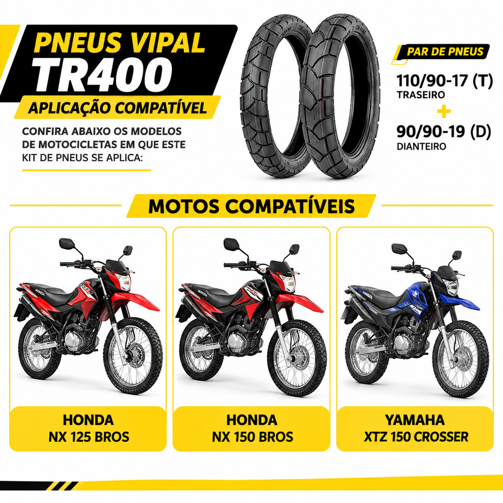 Kit Par Pneus Moto Vipal 110/90-17 Traseiro + 90/90-19 Dianteiro TR400 BROS XTZ Uso Com Câmara — imagem 2 de 2