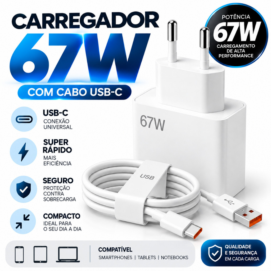 Carregador USB-C Super Rápida 67W Tipo C Fonte Bivolt para Android Xiaomi e Iphone