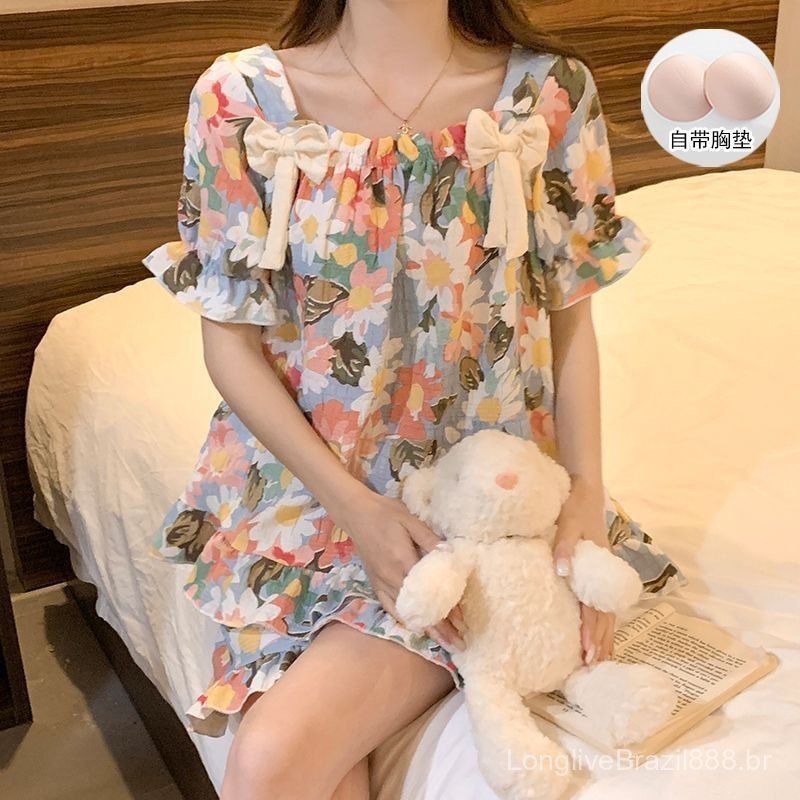 Conjunto de pijama feminino com camisa de manga curta e shorts, estampa floral, roupa de dormir casual, pijama feminino,