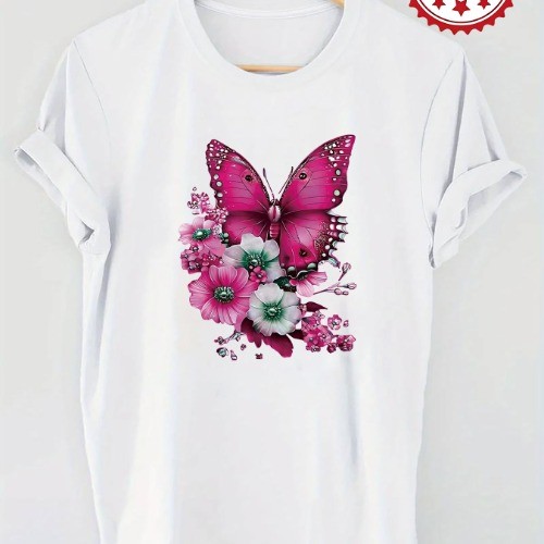 Camiseta Blusa Feminina Oversized Borboleta Rosa Floral Estampada 100% Algodão Moda Casual